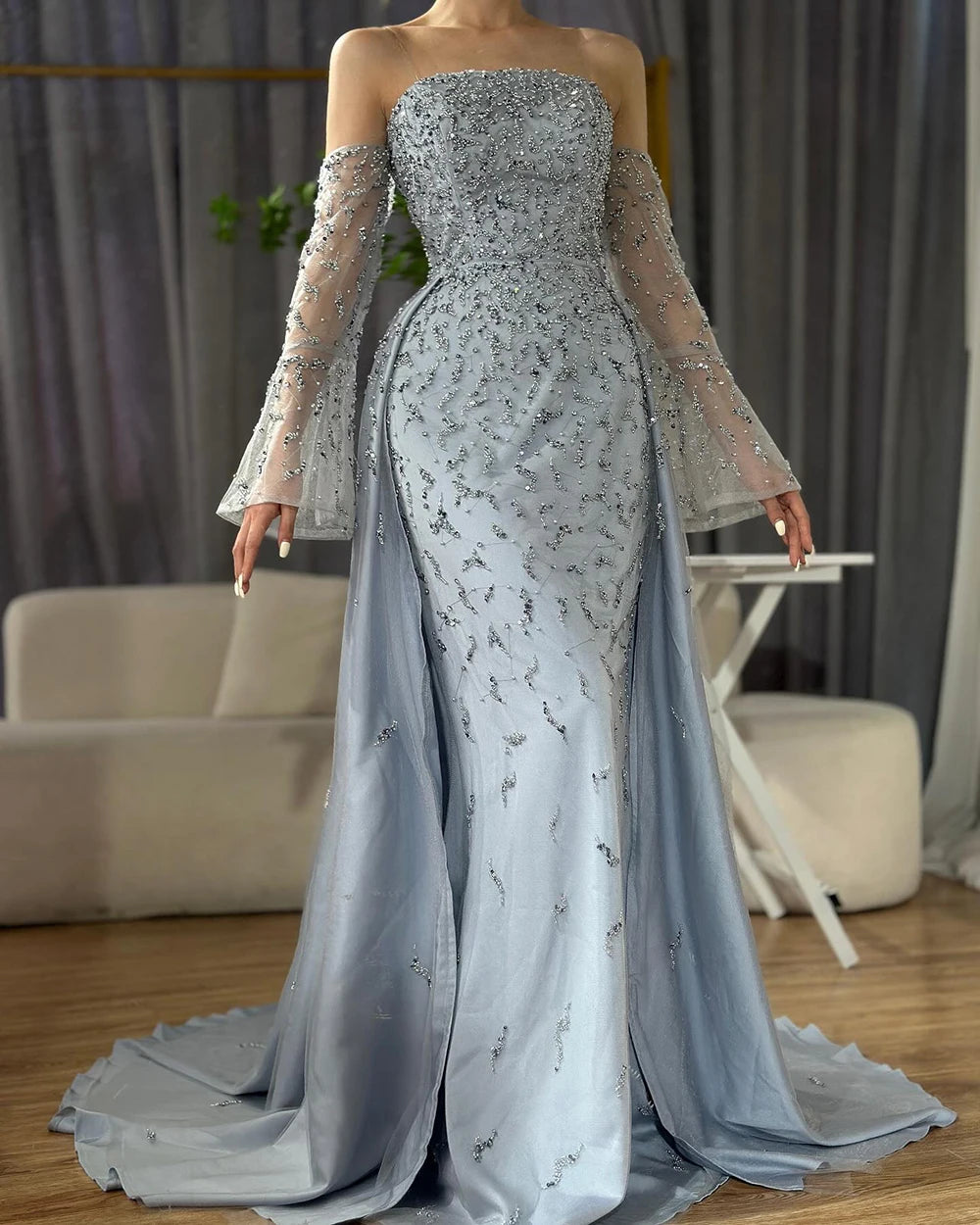 Serene Hill Customized 2025 Arabic Strapless Gray Blue Beaded Pearls Dubai Evening Dresses For Formal Occasion LA72705