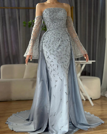 Serene Hill Customized 2025 Arabic Strapless Gray Blue Beaded Pearls Dubai Evening Dresses For Formal Occasion LA72705