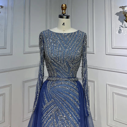 Serene Hill  Mermaid Beaded  Blue Muslim  Evening Dresses Gowns  with Detachable Skirt 2025  LA71750 Customized