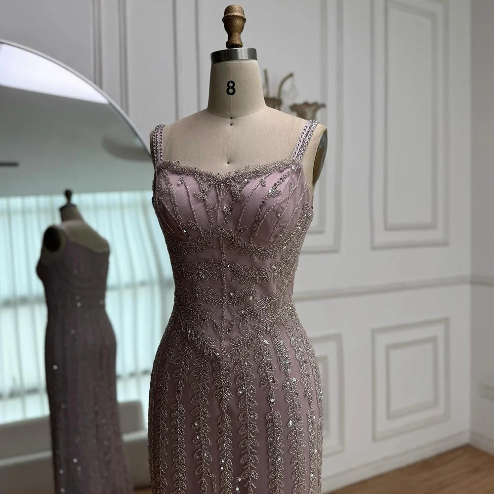 Luxury Arabic Blue Beaded Spaghetti Strap Pink Mermaid Evening Dress for Women Party Serene Hill 2025 Customized LA72725