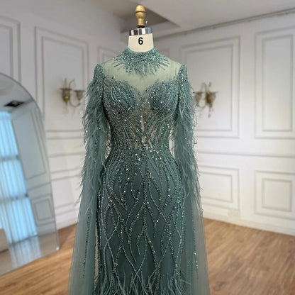 Nude Feather Evening Dress for Women High Neck Cape Sleeve Luxury Beaded Formal Gown Serene Hill 2025 Customized LA71885C