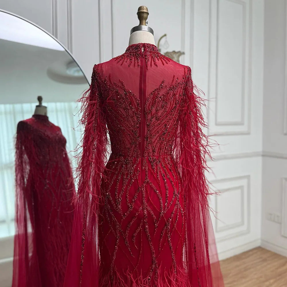 Nude Feather Evening Dress for Women High Neck Cape Sleeve Luxury Beaded Formal Gown Serene Hill 2025 Customized LA71885C