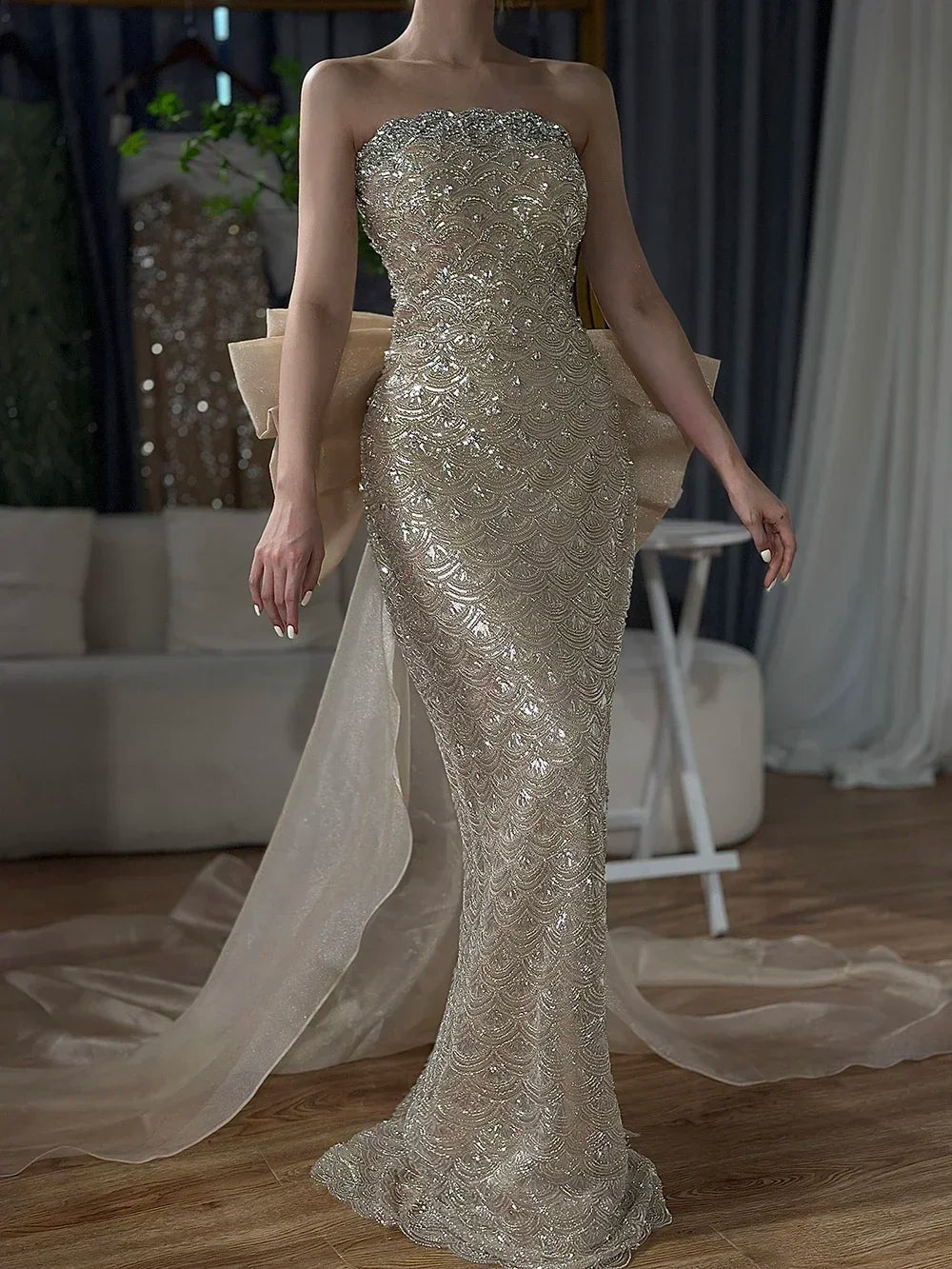 Serene Hill 2025 Nude Saudi Arabic Evening Dresses With Beaded Tassel Dress For Formal Occasion LA72730 Customized