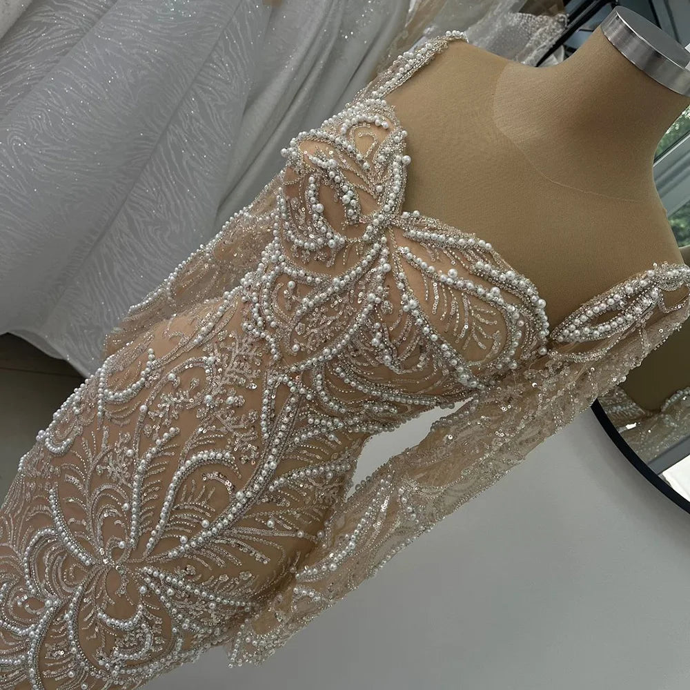 Serene Hill 2025 Nude Mermaid Pearls Beaded Arabic Evening Dresses For Occasion Dress LA72648 Customized