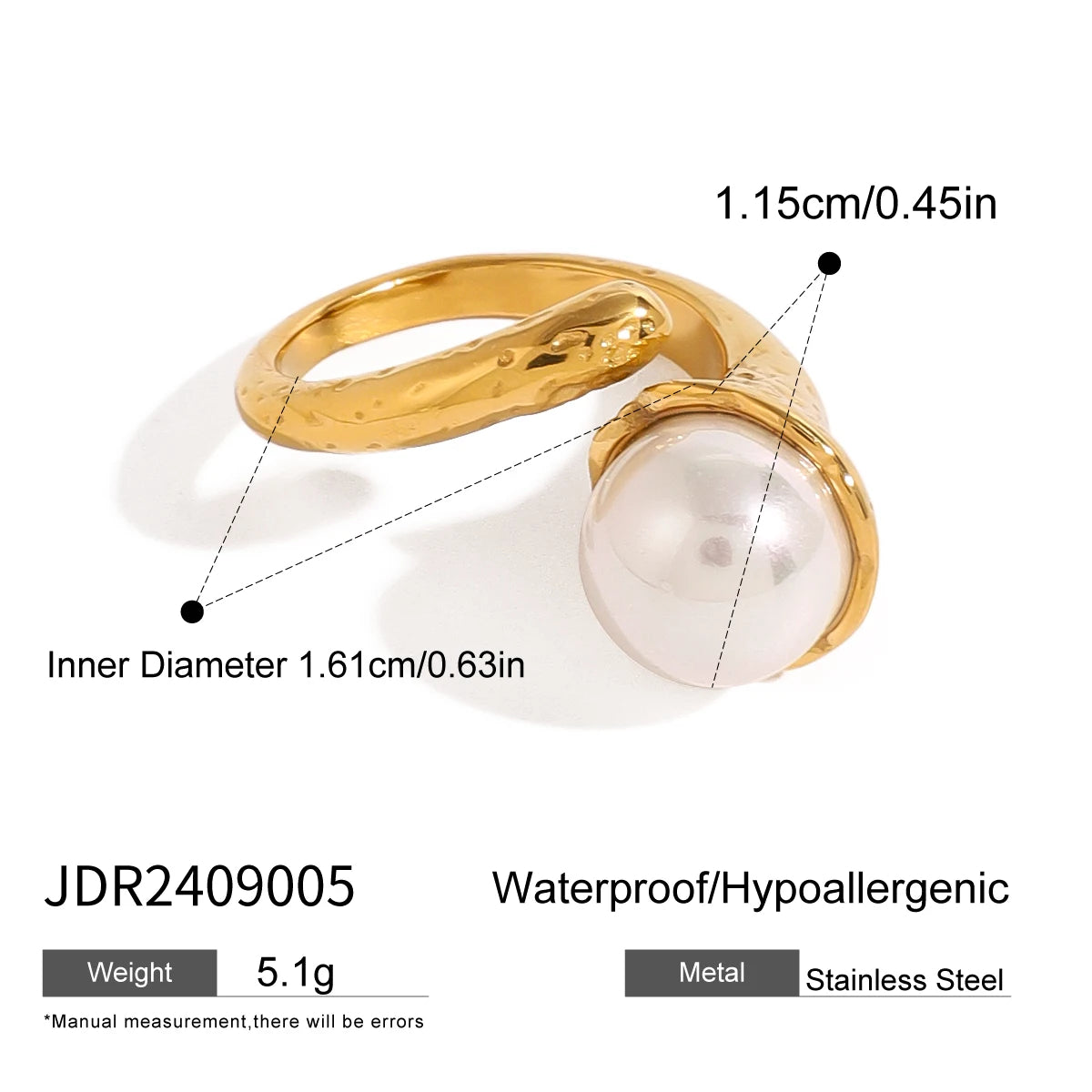 Zora Women's Fashion Elegant Pearl Open Ring 18K Gold-plated Stainless Steel Ring Jewelry for Party Vacation