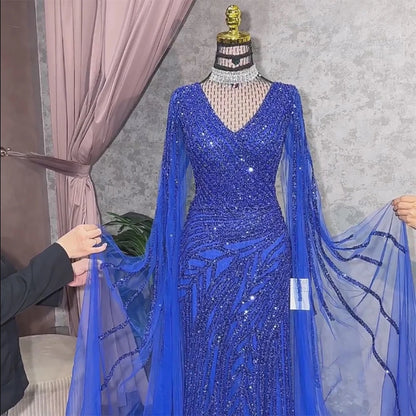 Serene Hill Arabic Mermaid Blue Beaded  Cape   Evening Dress Gown  2025 LA71493A Customized