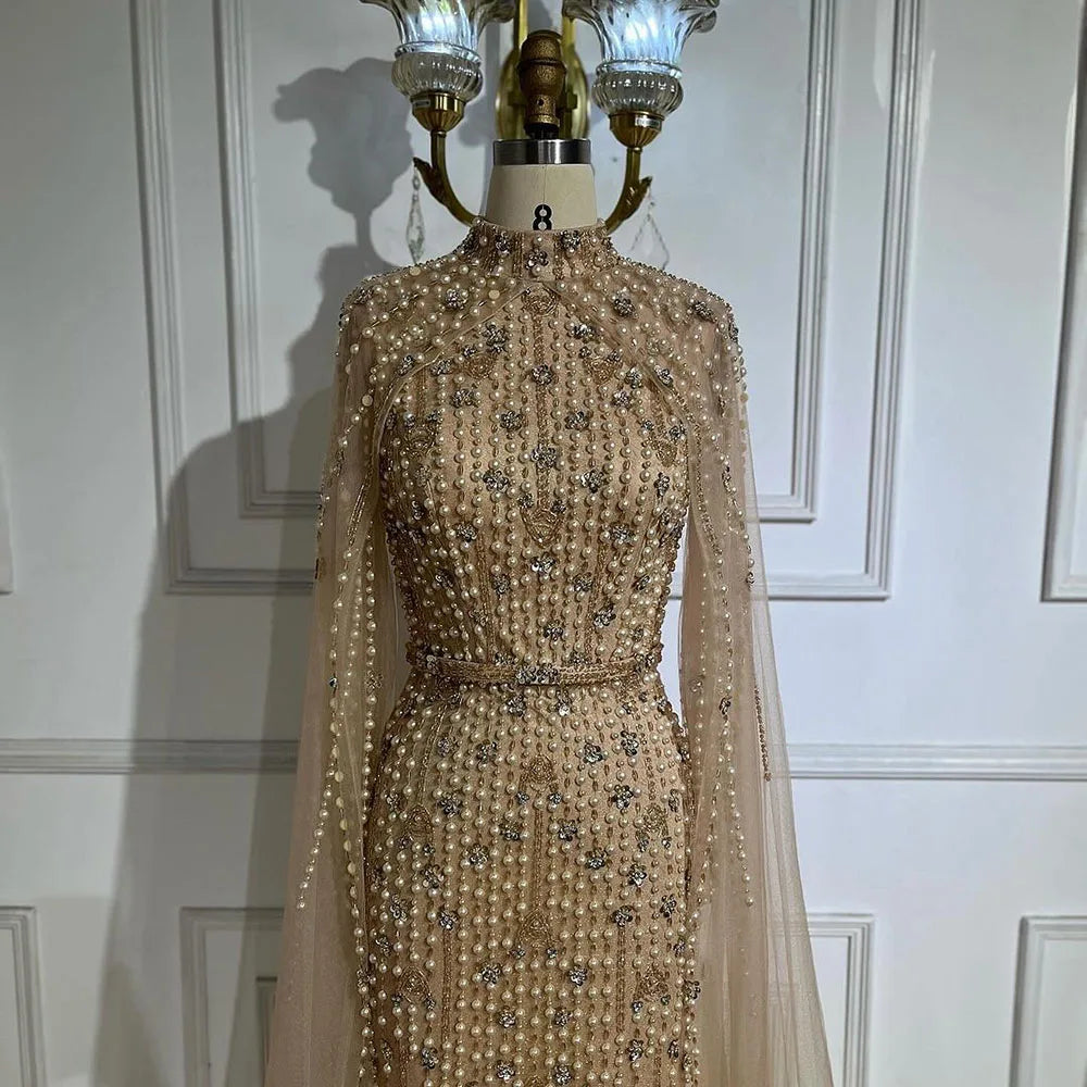 Muslim Nude Mermaid Cape Sleeves Pearls Beaded Luxury Dubai Evening Dresses Gowns 2025 Wedding Party LA72372 Customized