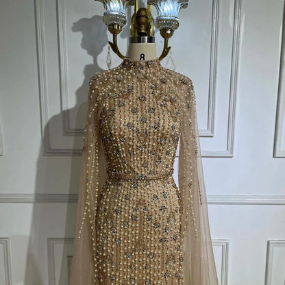 Muslim Nude Mermaid Cape Sleeves Pearls Beaded Luxury Dubai Evening Dresses Gowns 2025 Wedding Party LA72372 Customized