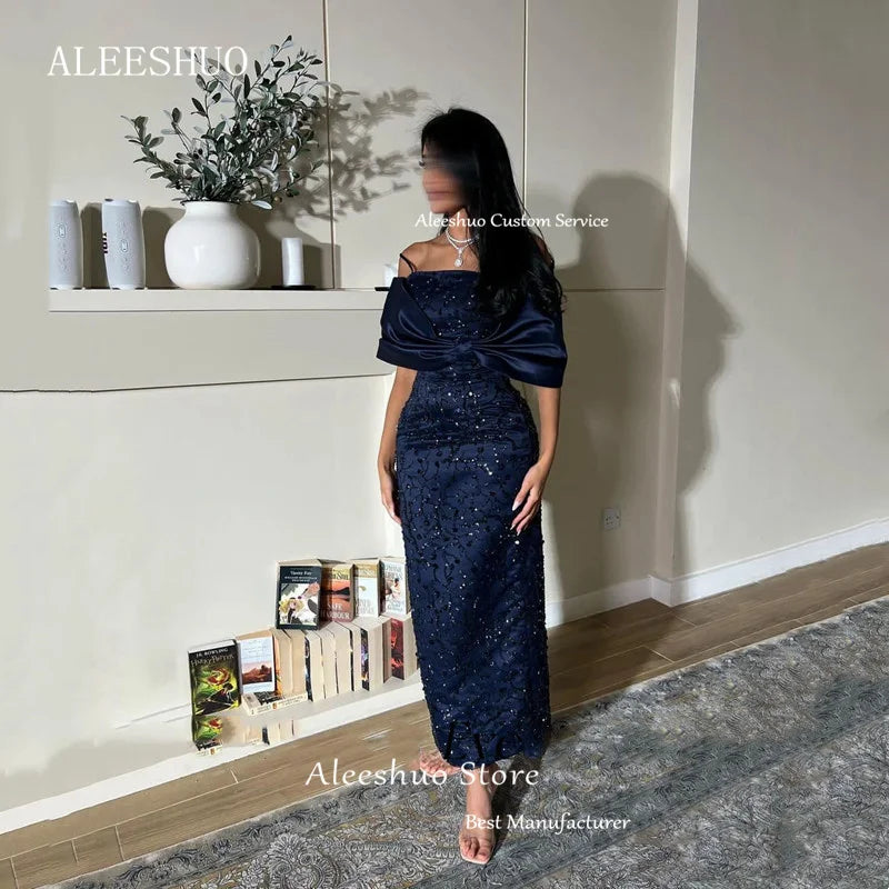 Customized Elegant Navy Blue Mermaid Prom Dressess Simple Off Shoulder Evening Dress Pleat Shiny Beaded Sequined Opne Back 2025