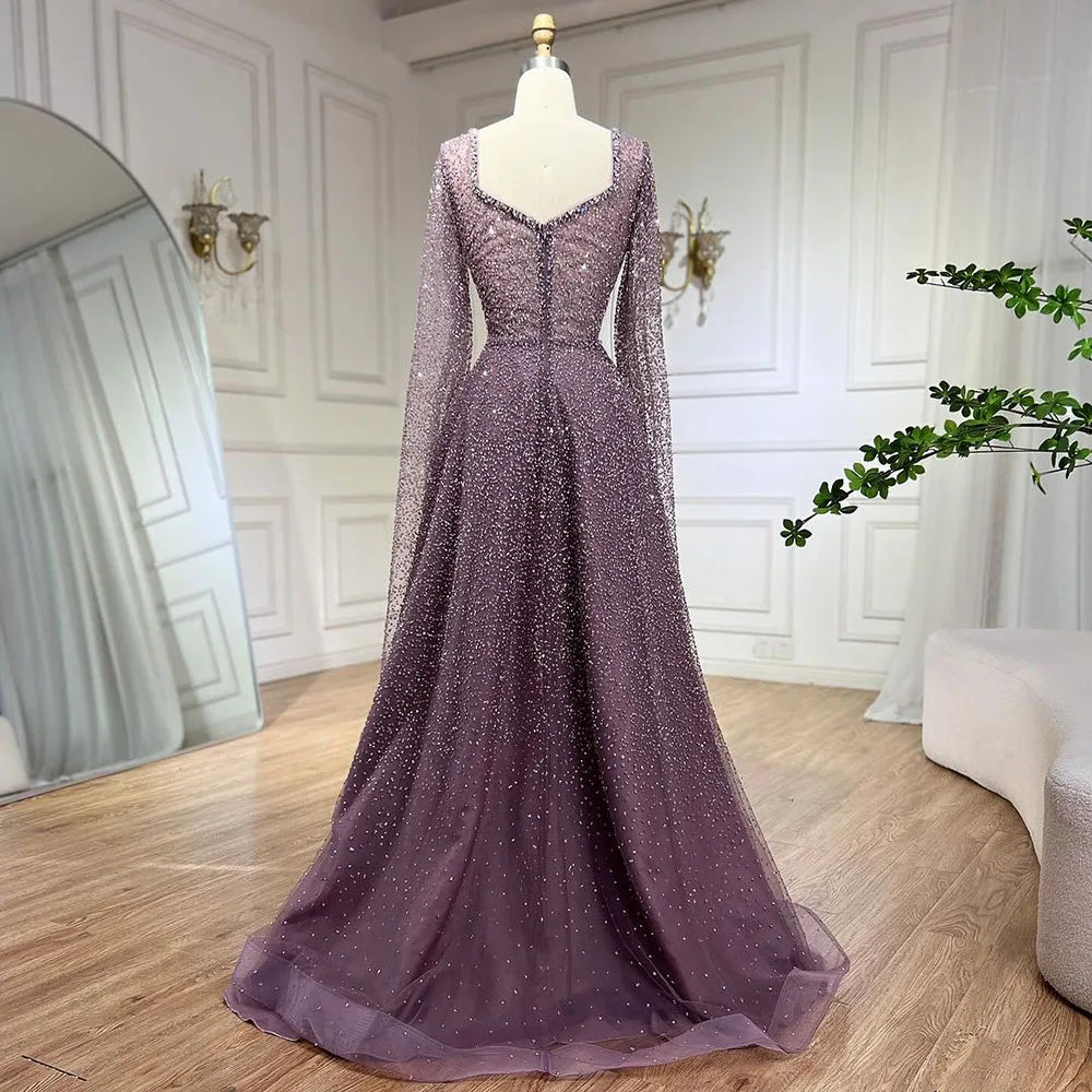 Serene Hill 2025 Customized Saudi Arabic Caramel Beaded Cape Sleeves A Line Evening Dresses For Formal Occasion LA72147A