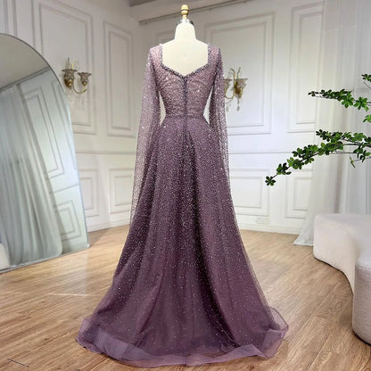 Serene Hill 2025 Customized Saudi Arabic Caramel Beaded Cape Sleeves A Line Evening Dresses For Formal Occasion LA72147A