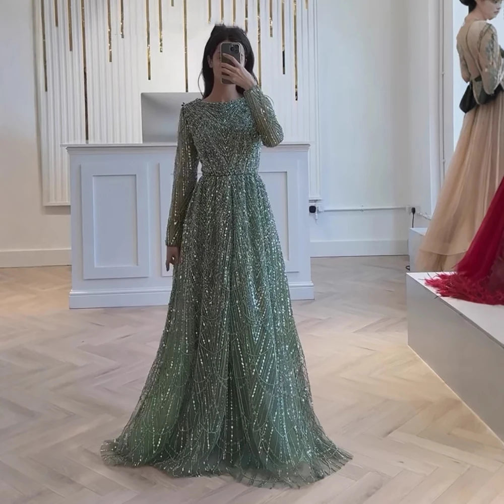 Luxury Olive Green Long Sleeve Beaded A Line Evening Gown for Wedding Party Prom Serene Hill 2025 Customized LA72738B Plus Size