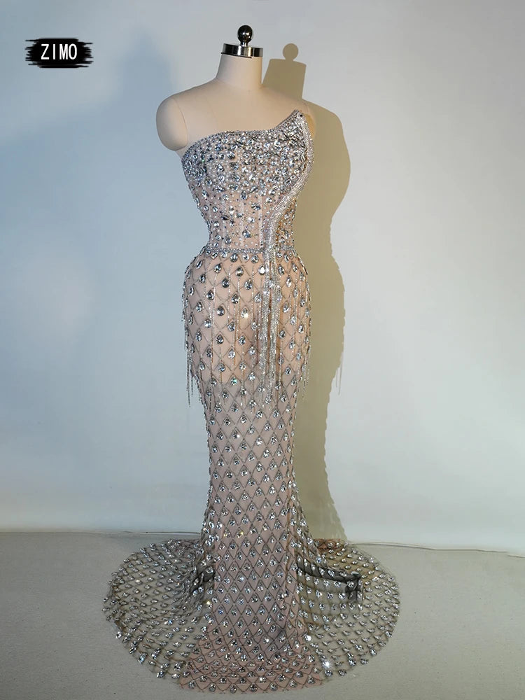 luxury Bright Crystal Dress Sexy Luxury Beaded Rhinestone Tulle Evening Prom Party Dress Noble Shooting Wedding Wedding Dresses