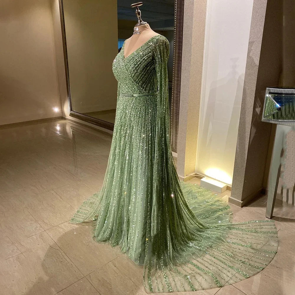 Serene Hill Mint Cape Sleeves A Line Beaded  Dubai Evening Dresses Long 2025 Celebrity Gowns For  Party LA71865 Customized