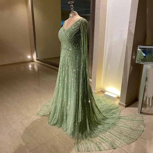 Serene Hill Mint Cape Sleeves A Line Beaded  Dubai Evening Dresses Long 2025 Celebrity Gowns For  Party LA71865 Customized