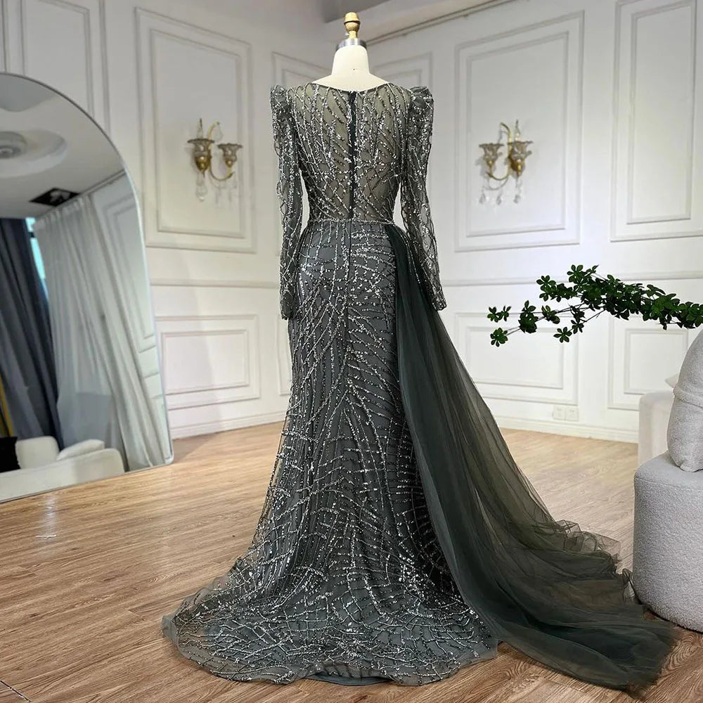 Serene Hill Muslim Gold Mermaid Beaded  Dubai Evening Dresses Gowns With Overskirt 2025 For  Party LA72206 Customized