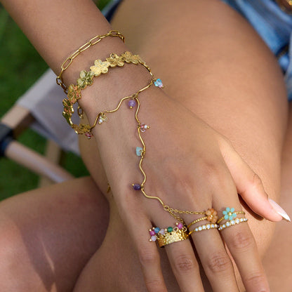 Zora Women's Vacation Style Colorful Natural Stone Crystal Finger Bracelet 18K Gold Plated Stainless Steel Fine Jewelry