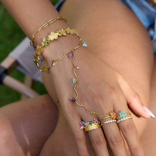 Zora Women's Vacation Style Colorful Natural Stone Crystal Finger Bracelet 18K Gold Plated Stainless Steel Fine Jewelry