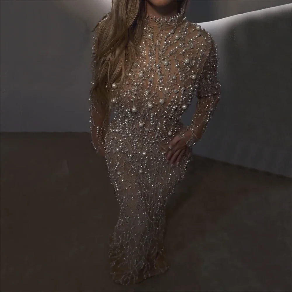 Serene Hill 2025 Saudi Arabic Pearls Beaded Nude Mermaid Evening Dresses For Formal Occasion LA72345A Customized