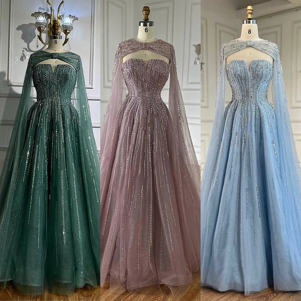 Serene Hill 2025 Arabic Blue Cape  A-Line Beaded Evening Dresses Long Celebrity Gowns  LA72427 Customized