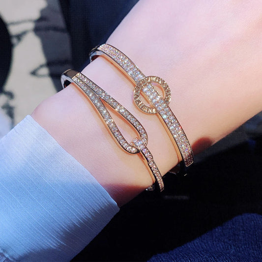 14k Real Gold Trend Fashion Simple Micro Inlaid Zircon Word Lady Bracelets for Women Temperament Exquisite Luxury Bangle Jewelry