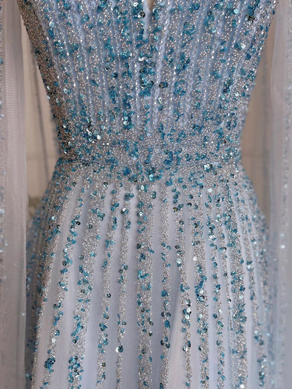 Nude Arabic Luxury Cape Sleeves Evening Dresses Gowns A-Line Beaded 2025 For Party LA71567 Customized