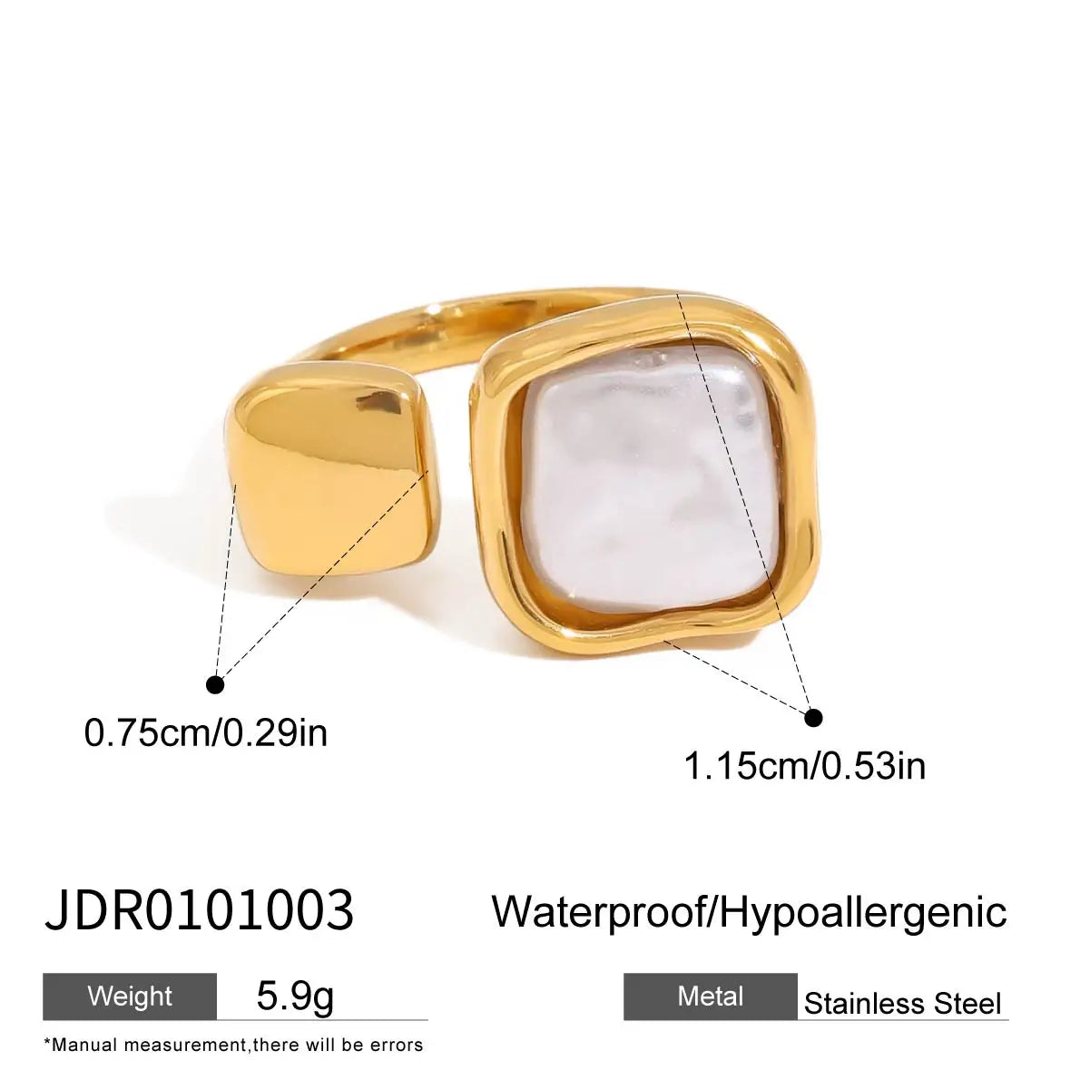 Zora Women's Fashion Elegant Pearl Open Ring 18K Gold-plated Stainless Steel Ring Jewelry for Party Vacation