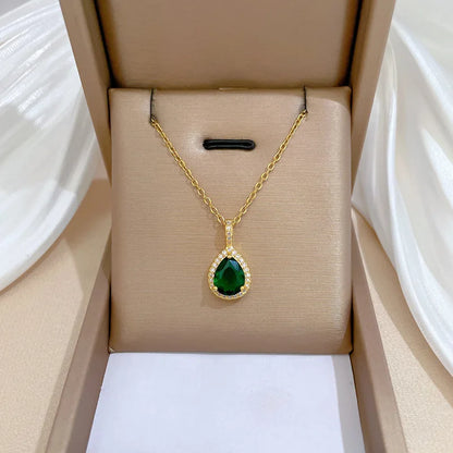 DIEYURO 316L Stainless Steel Steell Green Water Droplet Inlay Zircon Pendant Necklace Earrings Set Girl New Trend Jewelry Gift