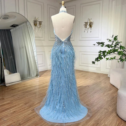 Serene Hill Dubai Halter Beige  Feathers Beaded Formal Luxury Mermaid Evening Dresses For Women Wedding Party 2025 LA70623A