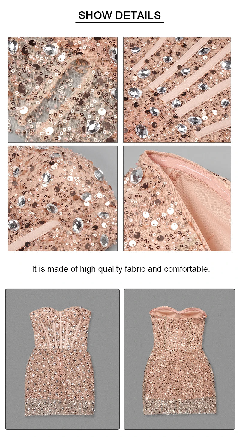 VC Sweetheart Beaded Sequins Sparkly Sheath Short Dress Strapless Tube Crystals Embellished Cocktail Party Evening Outfits