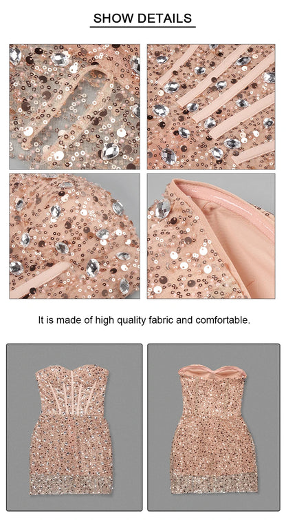 VC Sweetheart Beaded Sequins Sparkly Sheath Short Dress Strapless Tube Crystals Embellished Cocktail Party Evening Outfits