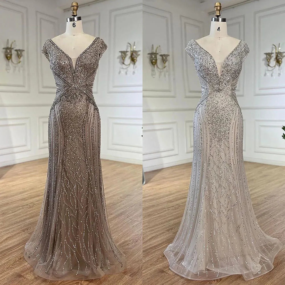 Customized Dubai Caramel Elegant Sleeveles Mermaid Beaded Arabic Evening Dresses Gowns For Women Wedding Party 2025 LA72456