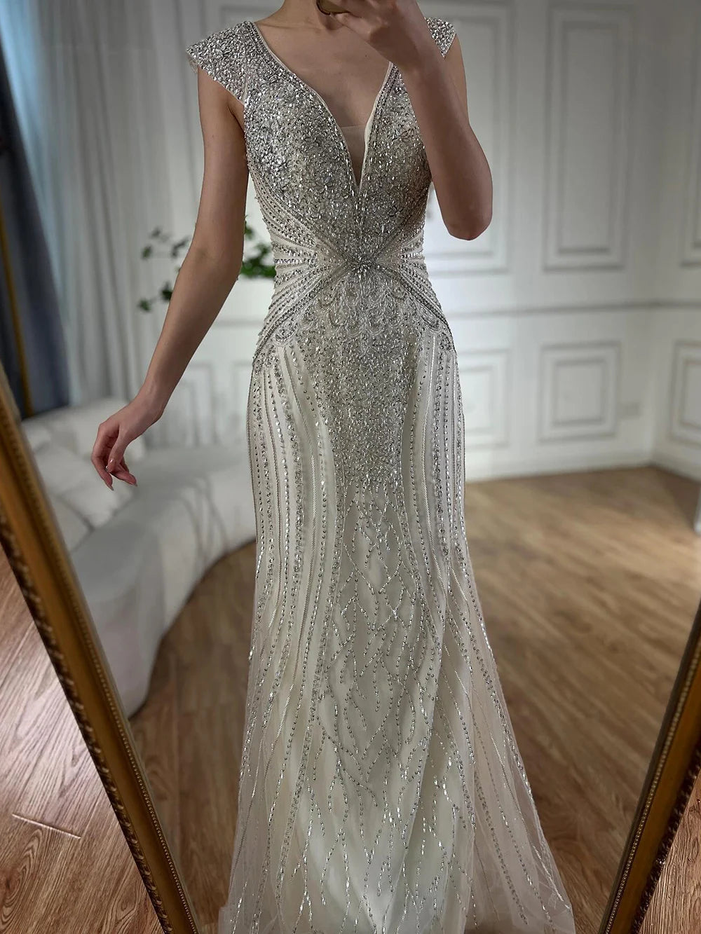 Customized Dubai Caramel Elegant Sleeveles Mermaid Beaded Arabic Evening Dresses Gowns For Women Wedding Party 2025 LA72456