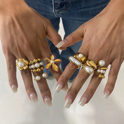 Uworld 18K Gold Color Plated Stainless Steel Flower Pearl Ring Irregular Opposite Sex Pearls Stackable Ring Women's Jewelry Part