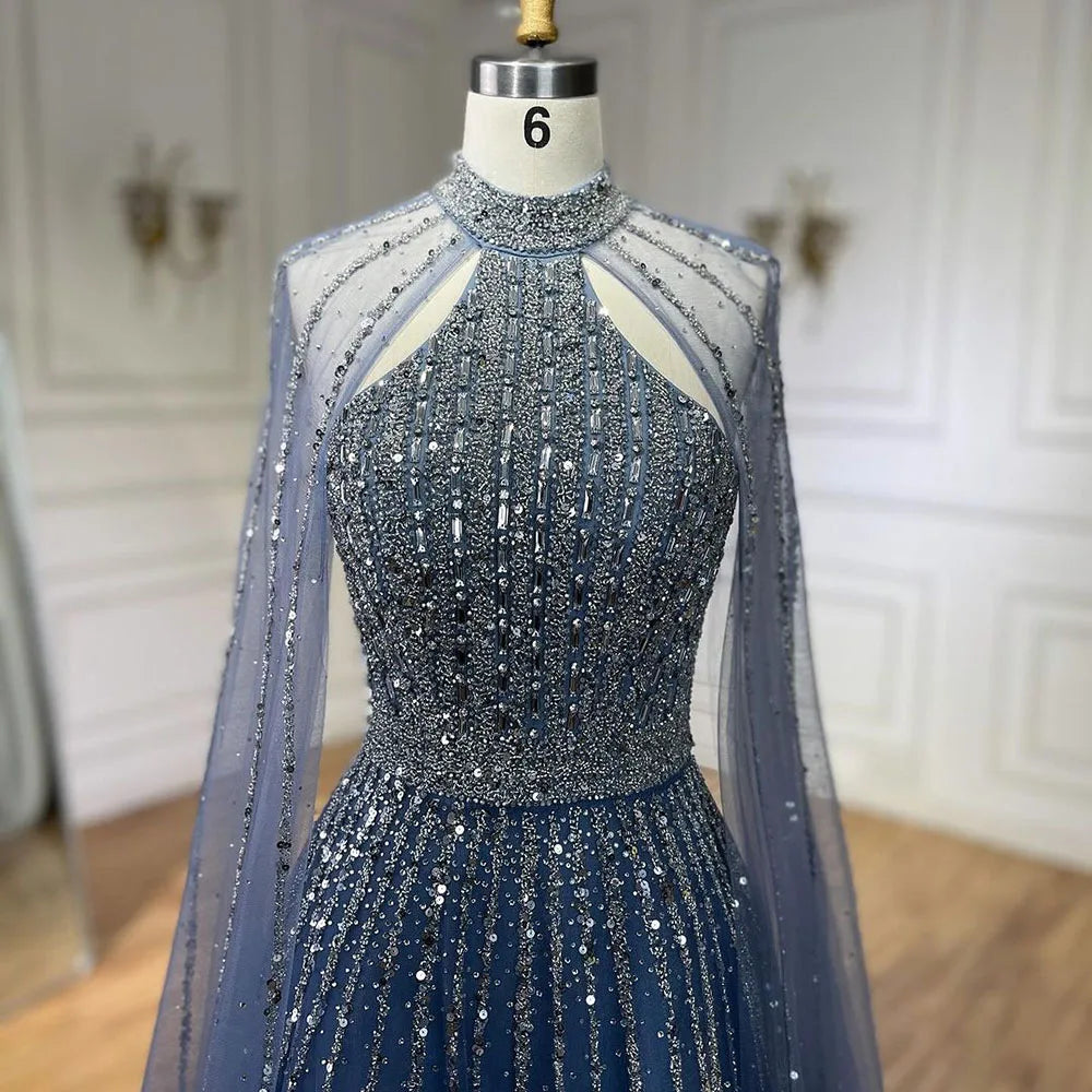 Serene Hill Arabic Turquoise A Line Cape Sleeve Beaded   Evening Dresses Gowns For Occasion 2025 LA72306A Customized