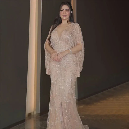 Serene Hill Arabic Gold Elegant Mermaid Black  Beaded Evening Dresses Gowns Diamond For Party 2025 LA72288A Customized