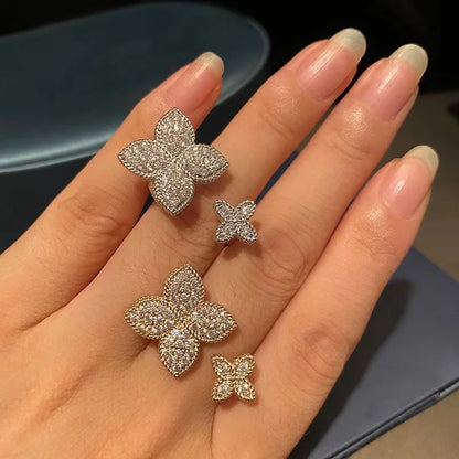 ZAKOL Shiny Micro-intact Zircon Four-leaf Flower Adjustable Open Rings Fashion Engagement Wedding Ring Jewelry Gift