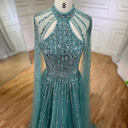 Serene Hill Arabic Turquoise A Line Cape Sleeve Beaded   Evening Dresses Gowns For Occasion 2025 LA72306A Customized