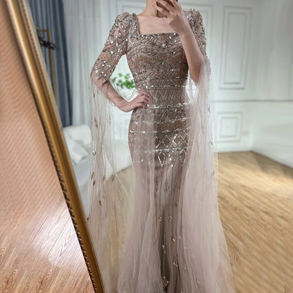 2025 Caramel With Beaded Cape Sleeves Design Mermaid Long Evening Dresses Gowns For Women's Wedding Party LA72355A Customized