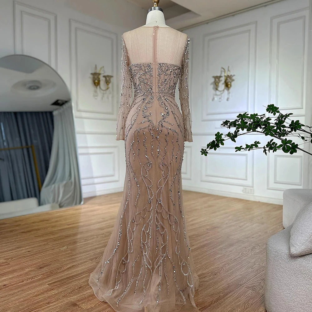 Serene Hill 2025 Customized Pink Beaded Saudi Arabic Mermaid Evening Dresses With Sheer Long Sleeves For Formal Occasion LA72875