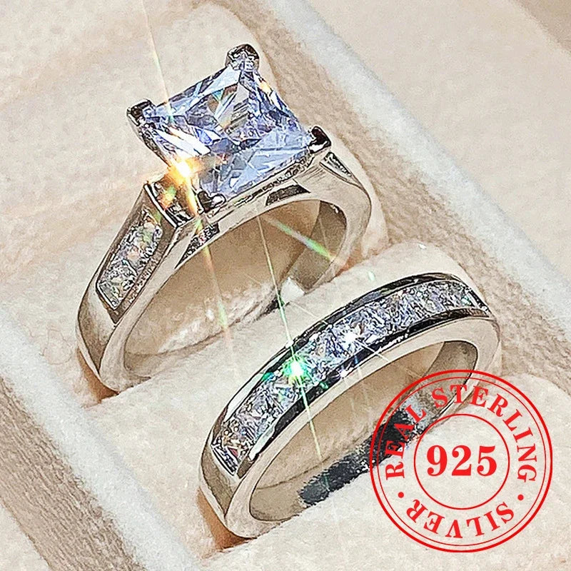 CAOSHI Sparkling Fully Inlaid Zirconia 2Pc/Set Rings 925 Sterling Silver Absolutely Stunning  Jewelry Engagement Women Jewelry