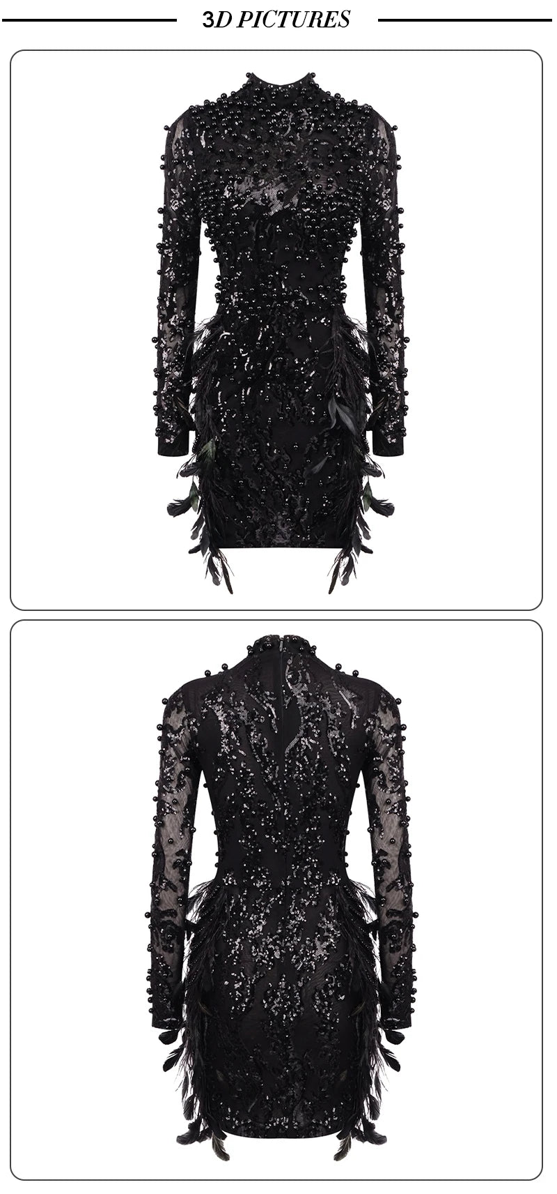 VC Black Long Sleeve Short Dress Turtle Neck Feather Pearl Embellished Handmade Beads Prom Celebrity Cocktail Party Evening Gown