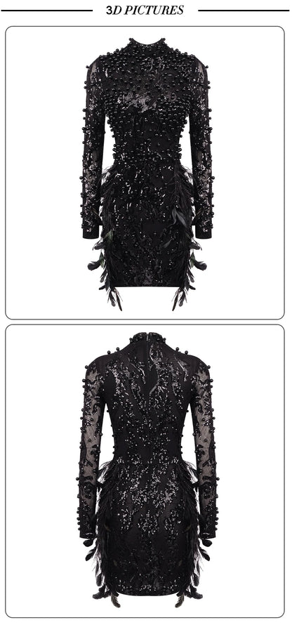 VC Black Long Sleeve Short Dress Turtle Neck Feather Pearl Embellished Handmade Beads Prom Celebrity Cocktail Party Evening Gown