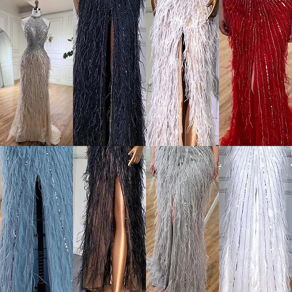 Serene Hill Dubai Halter Beige  Feathers Beaded Formal Luxury Mermaid Evening Dresses For Women Wedding Party 2025 LA70623A