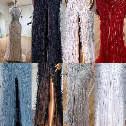 Serene Hill Dubai Halter Beige  Feathers Beaded Formal Luxury Mermaid Evening Dresses For Women Wedding Party 2025 LA70623A