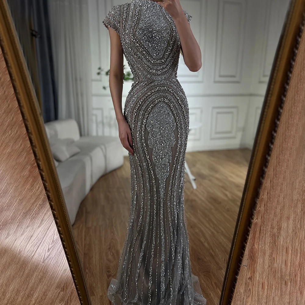 2025 Arabic Dubai Gray Nude Mermaid Floor Length Beaded Luxury Evening Dresses Gowns For Wedding Party LA72344 Customized
