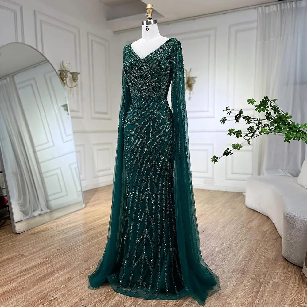 Serene Hill Arabic Mermaid Blue Beaded  Cape   Evening Dress Gown  2025 LA71493A Customized