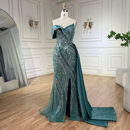 2025 Arabic Turquoise Beaded Evening Dresses  Dubai Elegant One Shoulder  Wedding Party Gowns LA72335  Customized