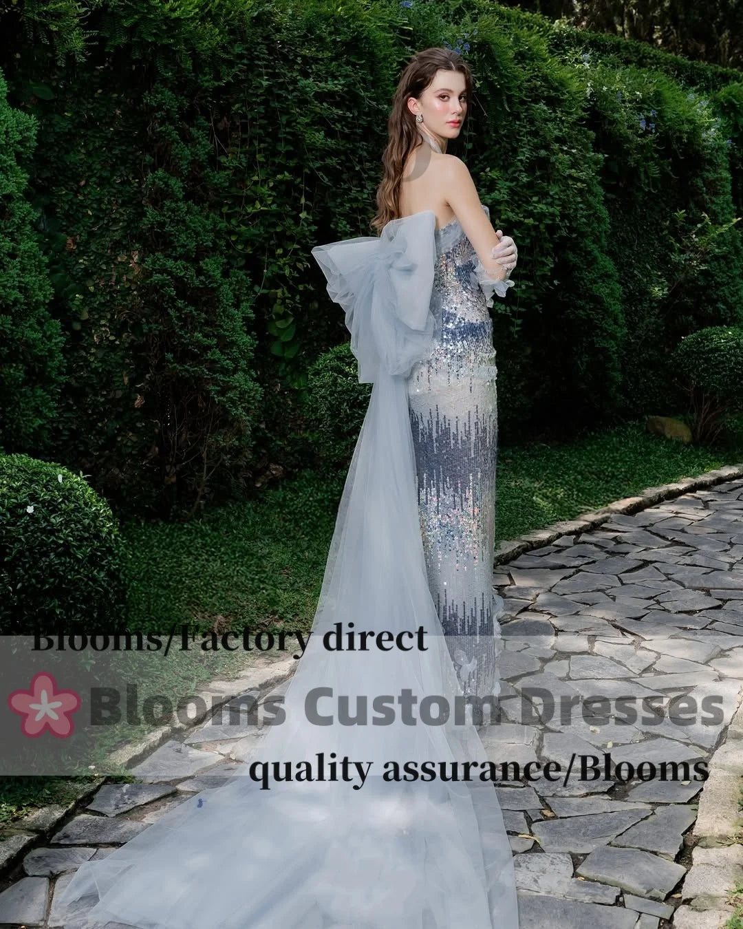 Blooms Customized Sequins Shiny Luxury Evening Dresses For Prom Bow Flowers Gloves Party Gown robes invitée mariage