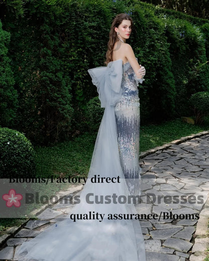 Blooms Customized Sequins Shiny Luxury Evening Dresses For Prom Bow Flowers Gloves Party Gown robes invitée mariage
